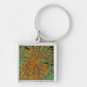 Abstract Burnt Orange and Green Dahlia Bloom Key Ring