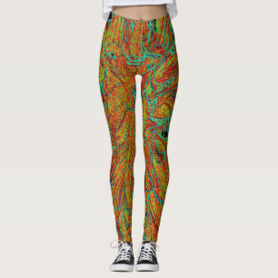 Abstract Burnt Orange and Green Dahlia Bloom Leggings