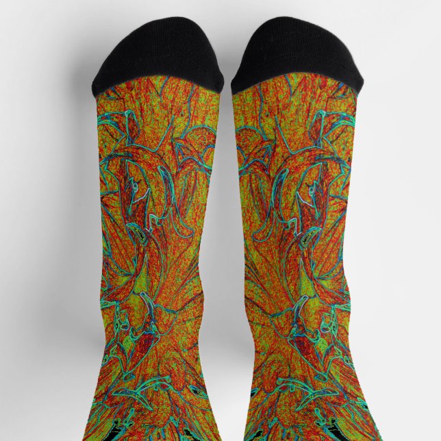 Abstract Burnt Orange and Green Dahlia Bloom Socks (Top)