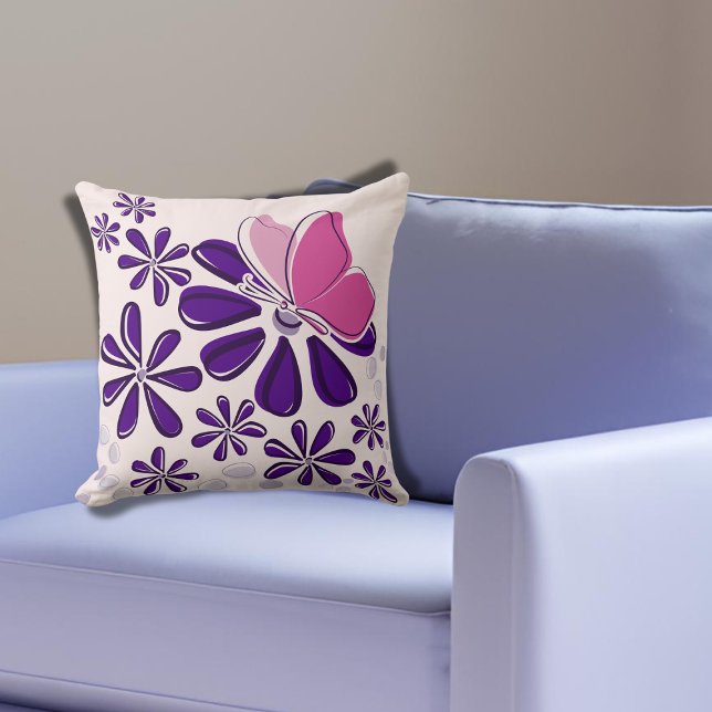 Abstract Butterfly and Blossom Pink and Purple Art Cushion (Abstract Butterfly and Blossom Pink and Purple Art Throw Pillow)