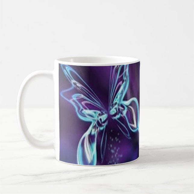 Abstract Butterfly Vibrant Neon Blue Purple Tea or Coffee Mug (Left)