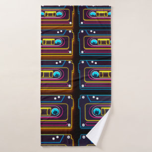 Abstract Cassette tape neon retro music of backgro Bath Towel