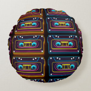 Abstract Cassette tape neon retro music of backgro Round Cushion