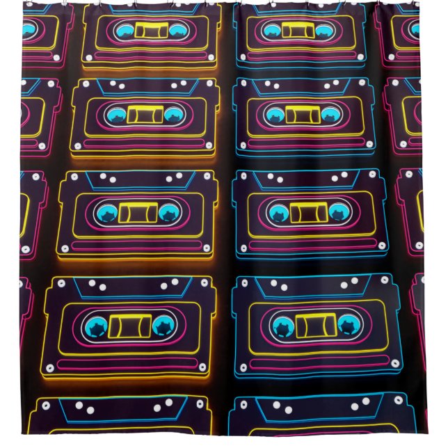 Abstract Cassette tape neon retro music of backgro Shower Curtain (Front)