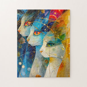 Abstract cat portrait set against a vibrant galaxy jigsaw puzzle