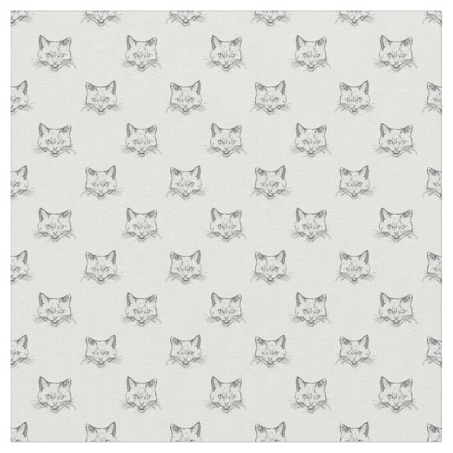 Abstract Cat Portrait Sketch Black White Design Fabric (Close Up)