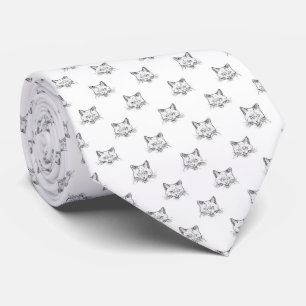 Abstract Cat Portrait Sketch Black White Design Tie