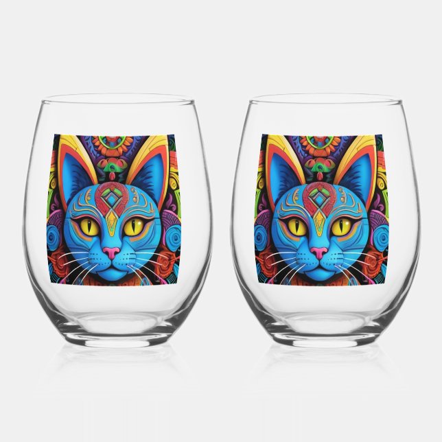 Abstract Cat with Yellow Eyes     Stemless Wine Glass (Front)
