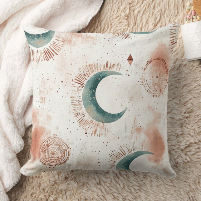 Abstract Celestial Crescent Moons Terracotta Cushion (Blanket)