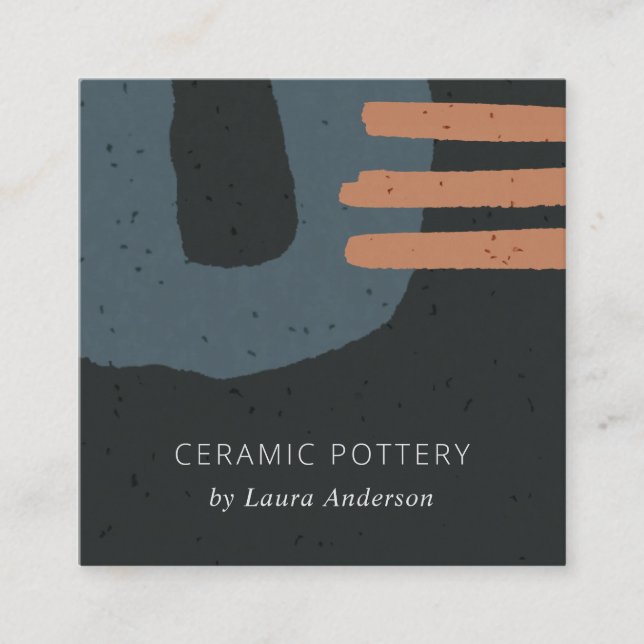 ABSTRACT CERAMIC TEXTURE BLACK BLUE RUST SPECKLED SQUARE BUSINESS CARD (Front)