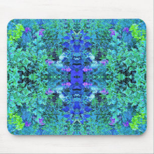 Abstract Chartreuse and Blue Foliage Pattern Mouse Pad