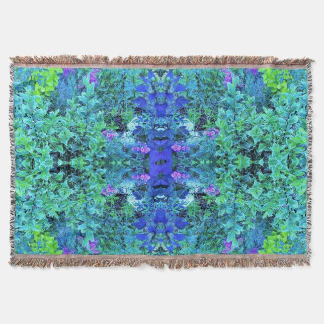 Abstract Chartreuse and Blue Foliage Pattern Throw Blanket (Front)