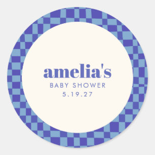 Abstract Chequerboard Blue Custom Baby Shower Classic Round Sticker