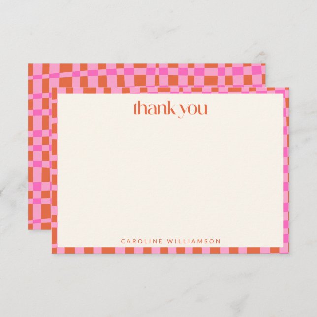 Abstract Chequerboard Pink Orange Custom Name Thank You Card (Front/Back)