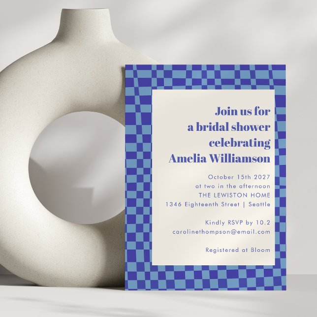 Abstract Chequered Art Blue Retro Bridal Shower Invitation (Creator Uploaded)