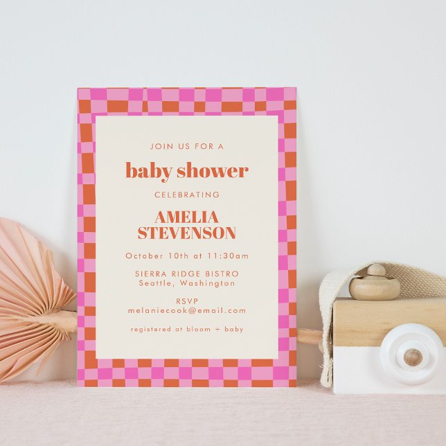 Abstract Chequered Art Pink Orange Baby Shower Invitation (Creator Uploaded)