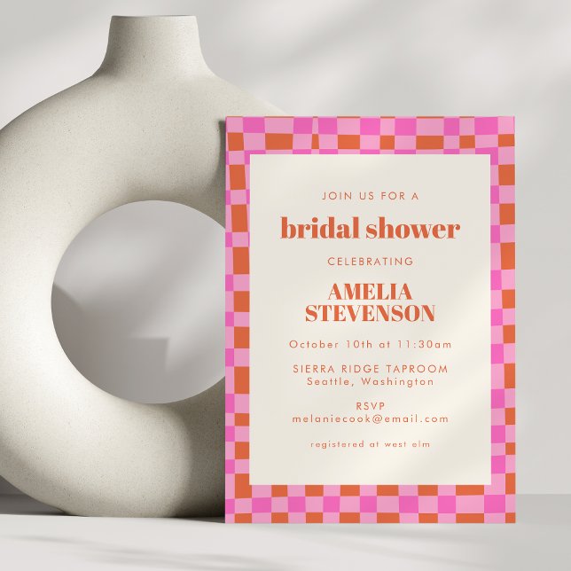 Abstract Chequered Art Pink Orange Bridal Shower Invitation (Creator Uploaded)