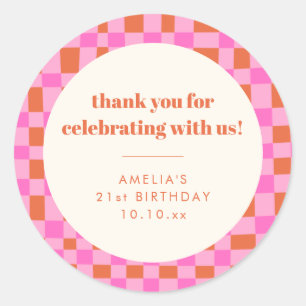 Abstract Chequered Pink Custom 21st Birthday Thank Classic Round Sticker