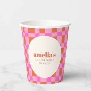 Abstract Chequered Pink Orange Custom  21st Birthd Paper Cups