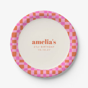 Abstract Chequered Pink Orange Custom  21st Birthd Paper Plate