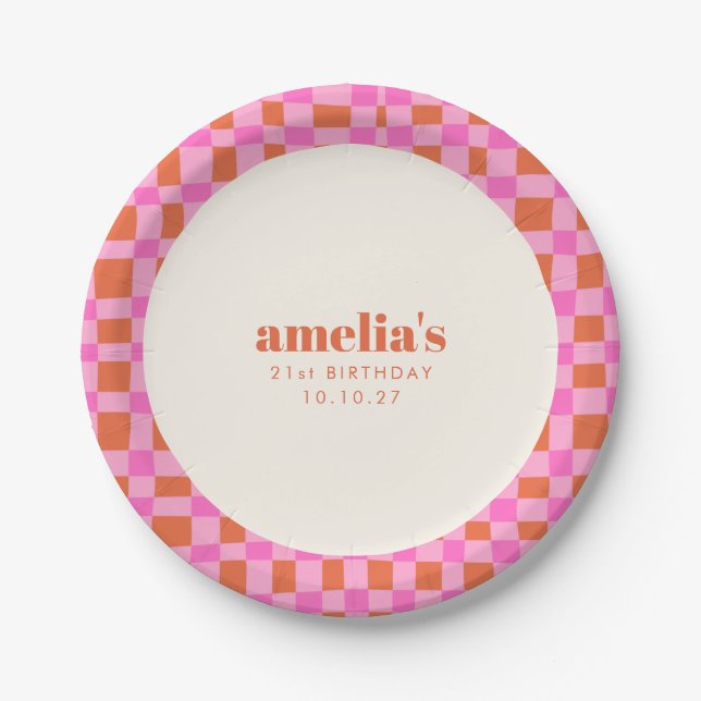 Abstract Chequered Pink Orange Custom  21st Birthd Paper Plate (Front)