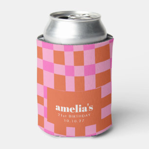 Abstract Chequered Pink Orange Custom 21st Birthda Can Cooler