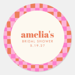 Abstract Chequered Pink Orange Custom Bridal Showe Classic Round Sticker