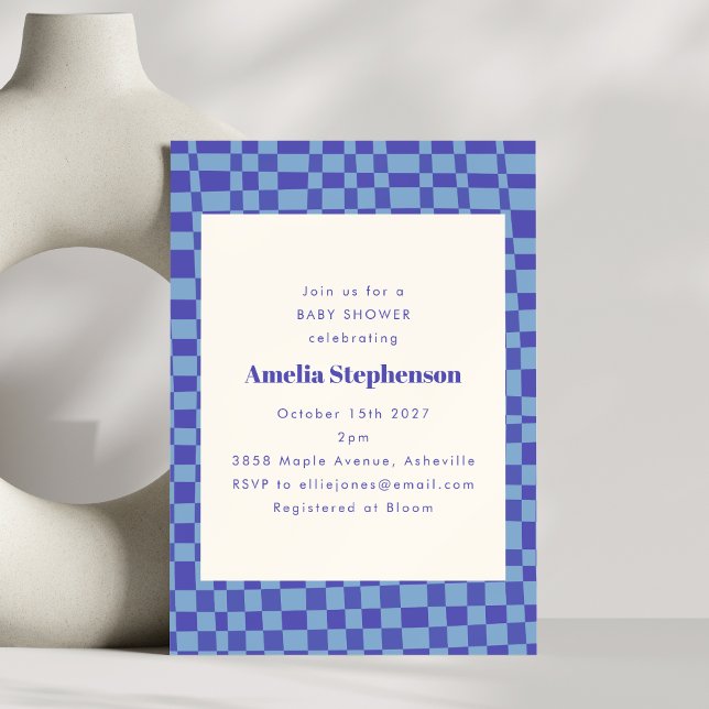 Abstract Chequered Retro Blue Baby Shower Invitation (Creator Uploaded)
