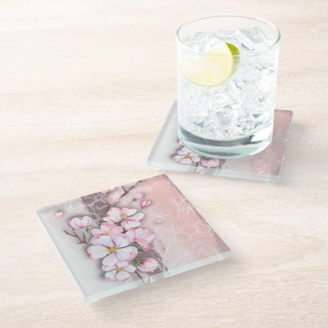 Abstract Cherry Blossoms Glass Coaster (Angled)
