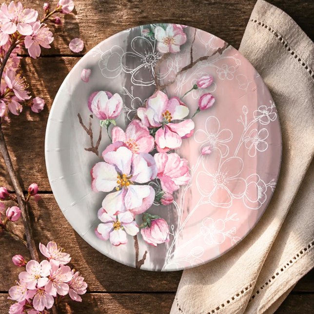 Abstract Cherry Blossoms Round Paper Plates (Creator Uploaded)