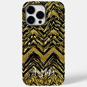 Abstract Chevron Gold and Black Personalised Name Case-Mate iPhone 14 Pro Max Case