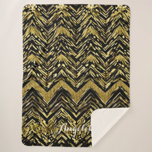 Abstract Chevron Gold and Black Personalised Name Sherpa Blanket