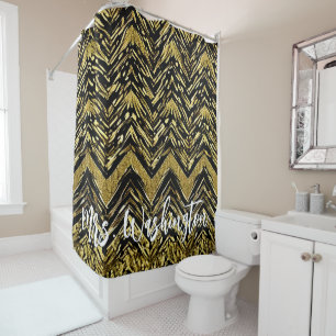 Abstract Chevron Gold and Black Personalised Name Shower Curtain