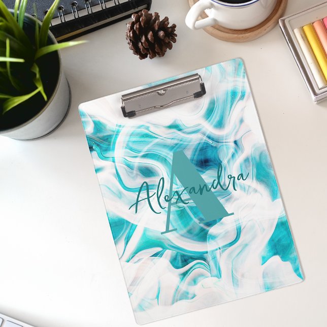 Abstract Chic Teal White Liquid Paint Script Name Clipboard (Creator Uploaded)