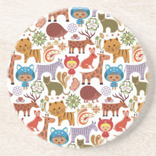 Abstract Child and Animals Pattern Coaster