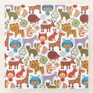 Abstract Child and Animals Pattern Glass Coaster