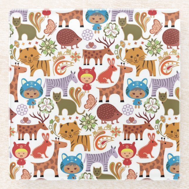 Abstract Child and Animals Pattern Glass Coaster (Front)