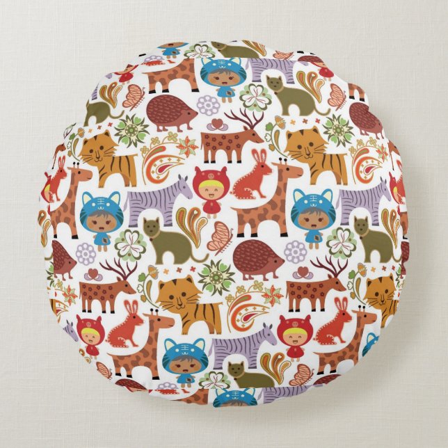 Abstract Child and Animals Pattern Round Cushion (Front)