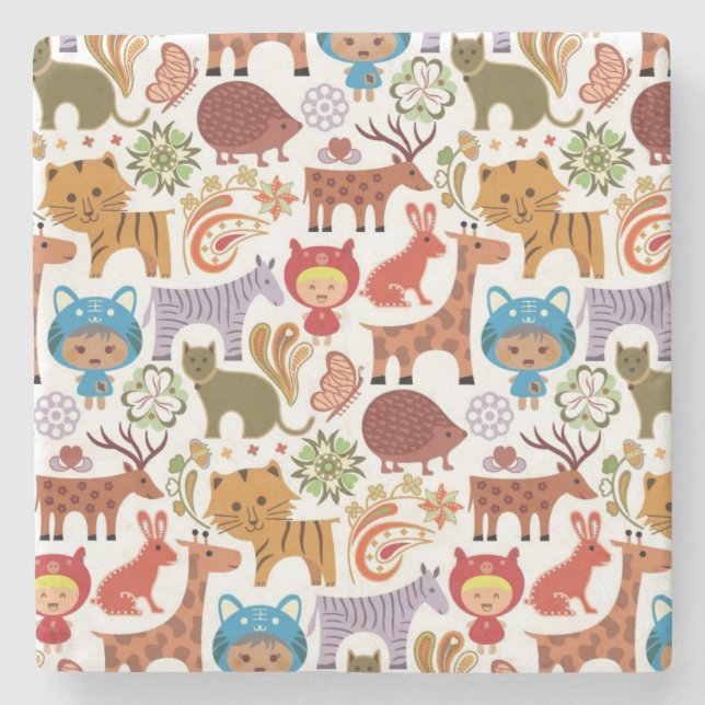 Abstract Child and Animals Pattern Stone Coaster (Front)