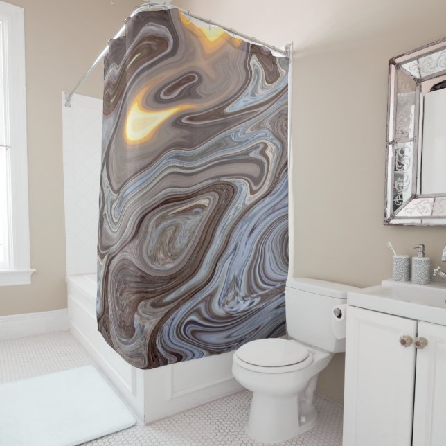 Abstract Chocolate, Blue, and Carmel Swirl Marble Shower Curtain (In Situ)