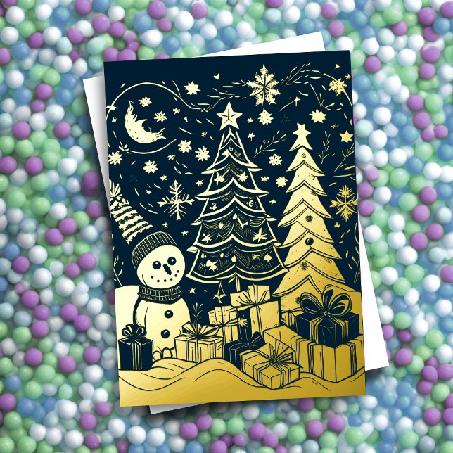 Abstract Christmas Theme Snowman Gold Foil Foil Holiday Card (Creator Uploaded)