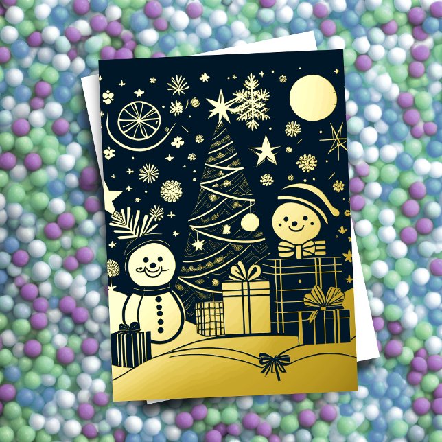 Abstract Christmas Theme Snowmen Gold Foil Foil Holiday Card (Creator Uploaded)