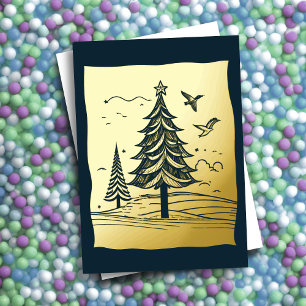 Abstract Christmas Theme Trees Gold Foil Foil Holiday Card