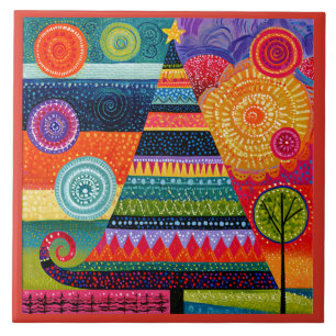 Abstract Christmas Tree, Colourful Folk Art, Ceramic Tile
