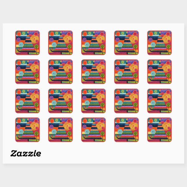 Abstract Christmas Tree, Colourful Folk Art, Square Sticker (Sheet)