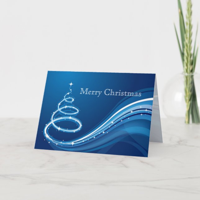 Abstract Christmas Tree In White And Blue Holiday Card (Front)