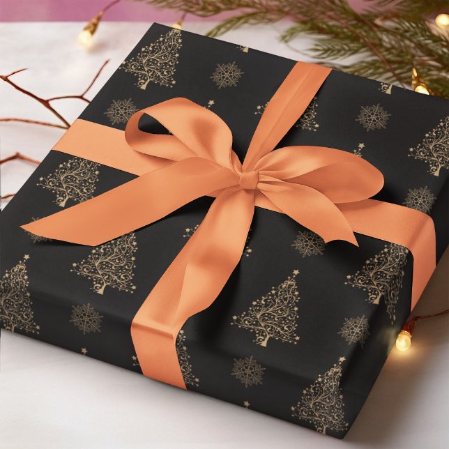Abstract Christmas Tree Snowflake Black Background Wrapping Paper (Creator Uploaded)