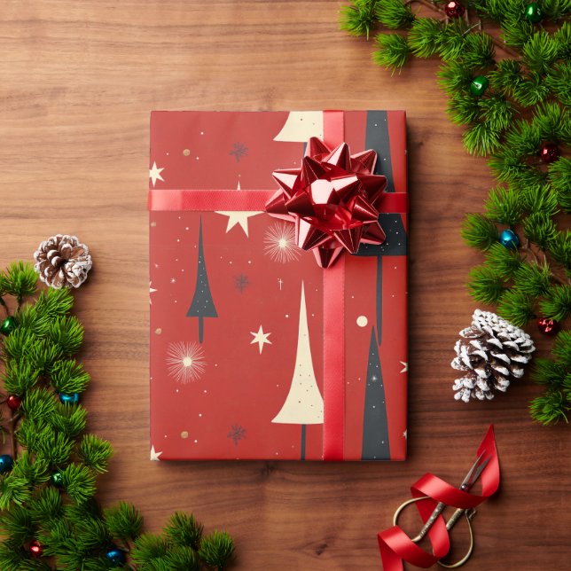 Abstract Christmas Trees on Red Background Wrapping Paper (Holiday Gift)