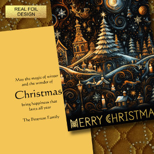 Abstract Christmas Village Chalk Drawing Night Sky Foil Holiday Card