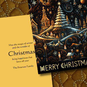 Abstract Christmas Village Chalk Drawing Night Sky Holiday Card